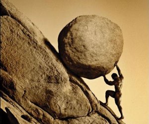 sisyphus pushing boulder up a hill